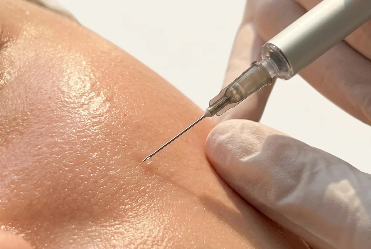 An Ageless Living injector placing dermal filler in a patient’s lip
