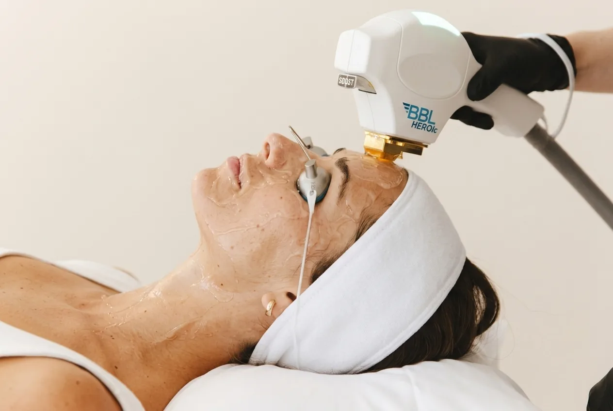 A HydraFacial handpiece passing over a patient’s cheek