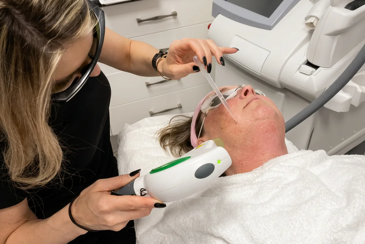 An IPL handpiece over a patient’s cheek, both wearing protective eyewear
